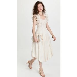 Ulla Johnson | Rissa Ruffle Sleeve Linen Midi Dress in Sand Stripes Size 6